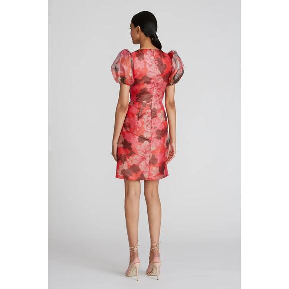 Theia Sybille Puff Sleeve Cocktail Mini Dress Metallic Shadow Peony Plus Size 16 - Picture 2 of 8